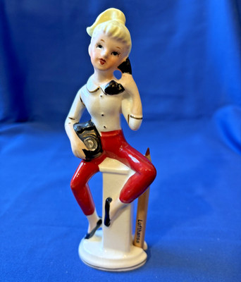Vintage Porcelain Girl on Phone Pencil Holder Made Japan CMI Chadwick Lufthansa