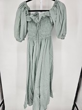Vintage Y2K Womens Sz M Midi Length Smocked Boho Dress Sage Green Peasant