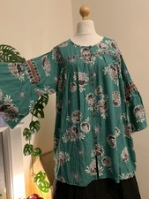 Gudrun Sjoden Maya Artemisia Green Dramatic Grey Roses Aztec Motif Tunic L 16 18