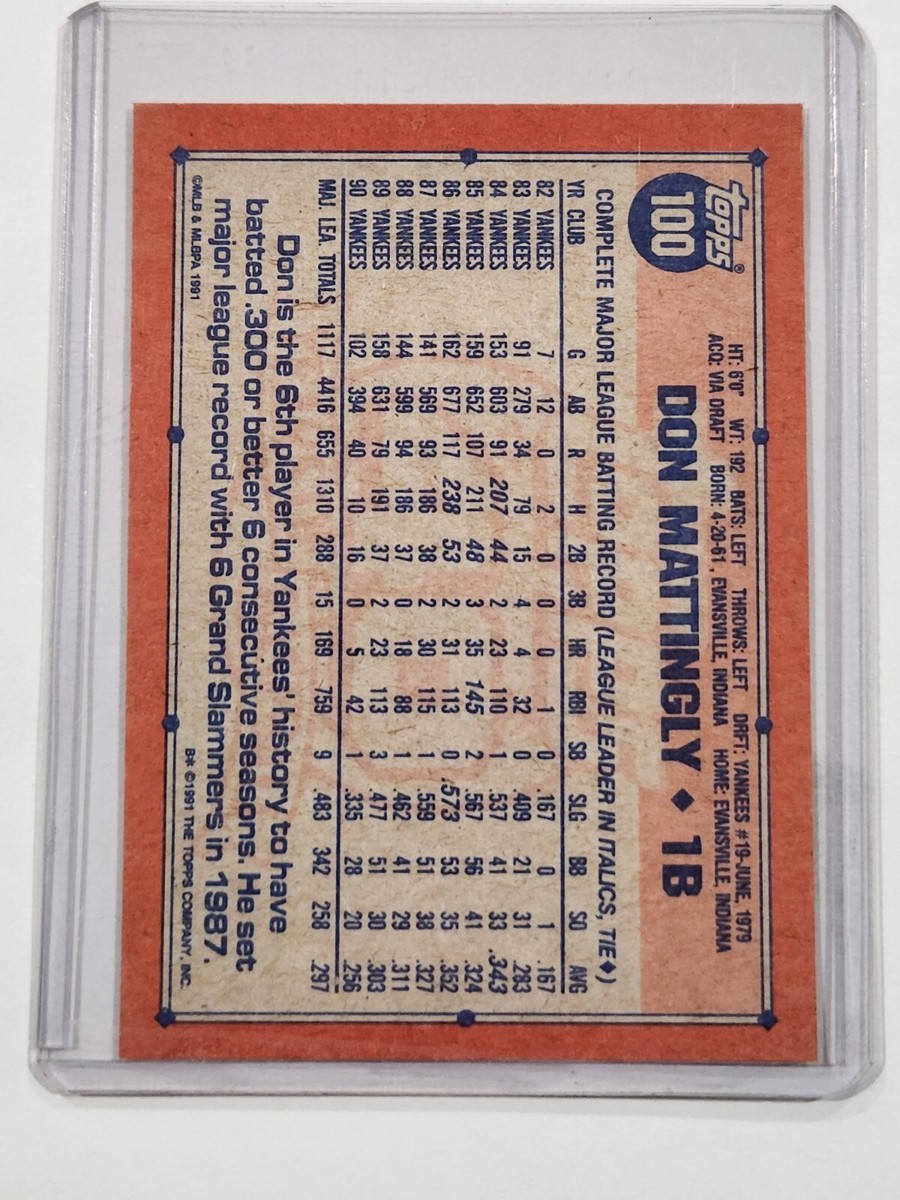 Rare 1991 Topps DON MATTINGLY ERROR Baseball Card #100 New York