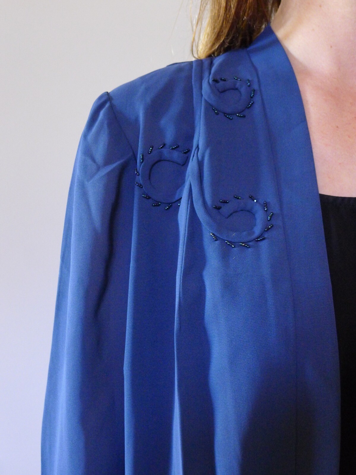 Vintage 30s S M Deco blue crepe evening opera coa… - image 2