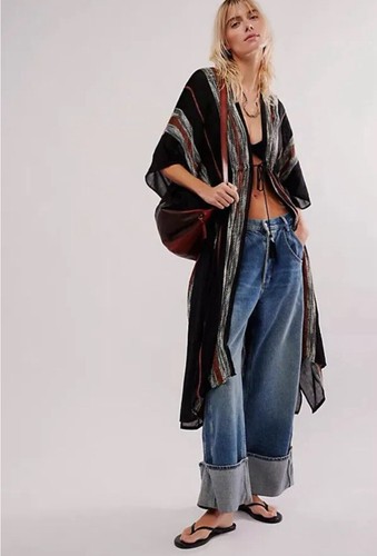 Free People Black Fringe Open Front Kimono Kaftan Maxi Longline Cardigan O/S - Picture 4 of 11