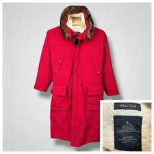 Nautica Goose Down Raccoon Fur Trim Trench Parka Coat Womens Large Belted Hooded