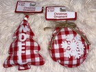2 Christmas ORNAMENTS Red & White Buffalo Plaid Check Noel Tree Fabric New Jute