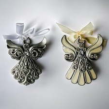 Angel Ornaments Silver Resin Rhinestones Lot of 2 Christmas Holiday Fashioncraft