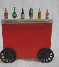 🔥 RARE RED Wonder Bar on wheels Art Deco cocktail set Cart Picks ware martini