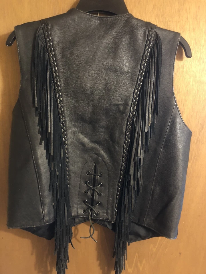 Chaleco de cuero Unik Premium suave grueso negro con flecos Foto 2 de 4