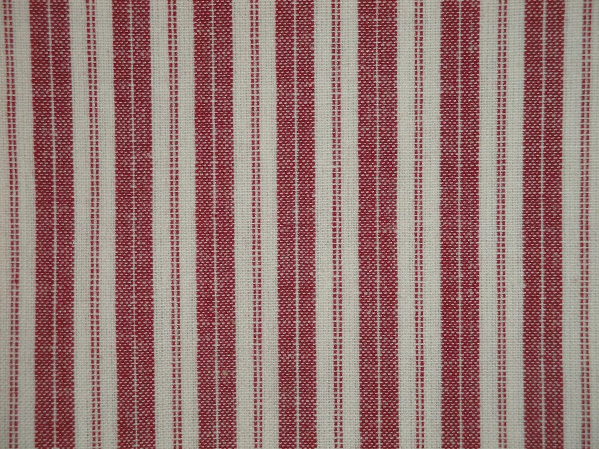 Red And Cream Homespun Ticking Fabric, Primitive Red Stripe Cotton Fabric