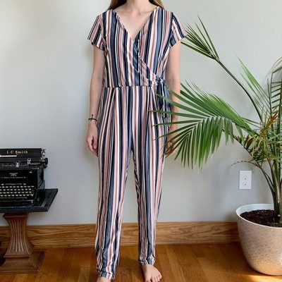 Derek Heart Plus blue and orange vertically striped stretchy jumpsuit romper  siz | eBay