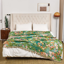 Boho Throw Blanket for Bed 90"X 90" Quilted Cotton Reversible Green