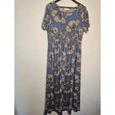[Cottagecore]  Floral Maxi Dress Womens 1XL Blue Short Sleeve Empire Waist