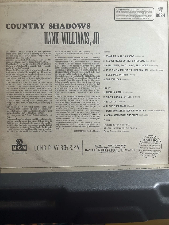Hank Williams Junior/Country Shadows/Vinyl Record Album/MINT CONDITION/1966 MGM - Image 3 of 3