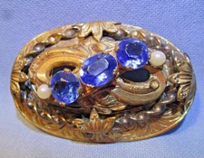 Stunning Vintage Victorian Brooch ~ Faux SAPPHIRE & PEARL Gold 3-D Pin