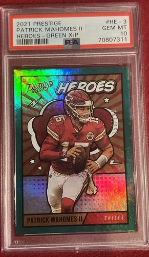 2021 PANINI PRESTIGE #HE-3 PATRICK MAHOMES II HEROES-GREEN X/P #’d/199 PSA 10