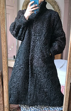 EXCELLENT Glossy Vintage REAL FUR Astrakhan Persian Lamb Coat Black Brown long