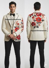 Men Ivory 2Pc Customized White Piping Floral Embroidered Vintage Style Cowboy