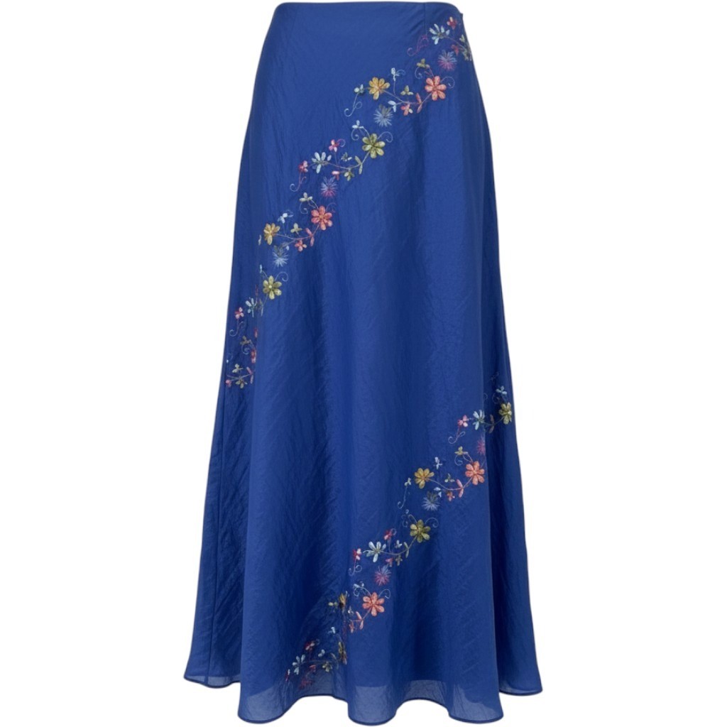 Vintage ABS Allen Schwartz Y2k Blue Floral Embroidered Maxi Skirt SZ 4 Fairy