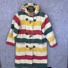 VTG Woolrich Hudson Bay Stripe Blanket Coat Small Hood Bone Button Horn Toggle