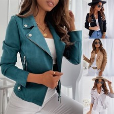 Women's Faux Suede Biker Jacket Slim Blazer Zipper Coat Casual Bomber Jacket New