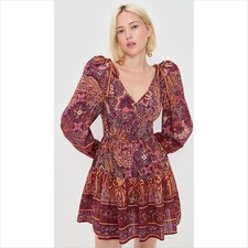 Ulla Johnson Anika dress Odessa boho puffed sleeve bow burgundy shift new 00