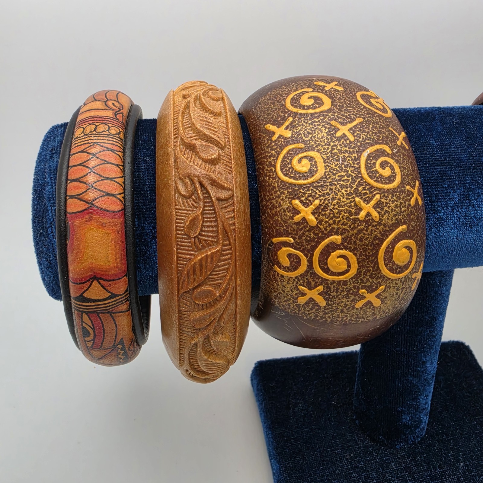 Vtg Boho Wooden And Leather Bangle Cuff Lot Of 3 Textured Carved Paint