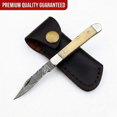 SK CUSTOMS Custom Hand-Forged Mini Trapper Camel Bone Damascus Knife W/Sheath