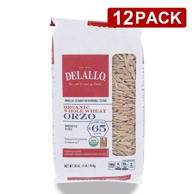Delallo Organic Whole Wheat Orzo No. 65 Cut Pasta 12 Pack