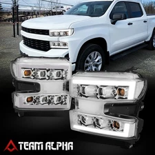 Fit 2019-2022 Silverado 1500 LED DRL Quad Projector Headlight Lamps Chrome/Clear