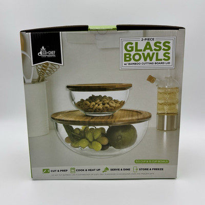 Eco+Chef 2pc Glass Mixing Bowl Set w/ Bamboo Lids 8.5 & 15 Cup 8.5in