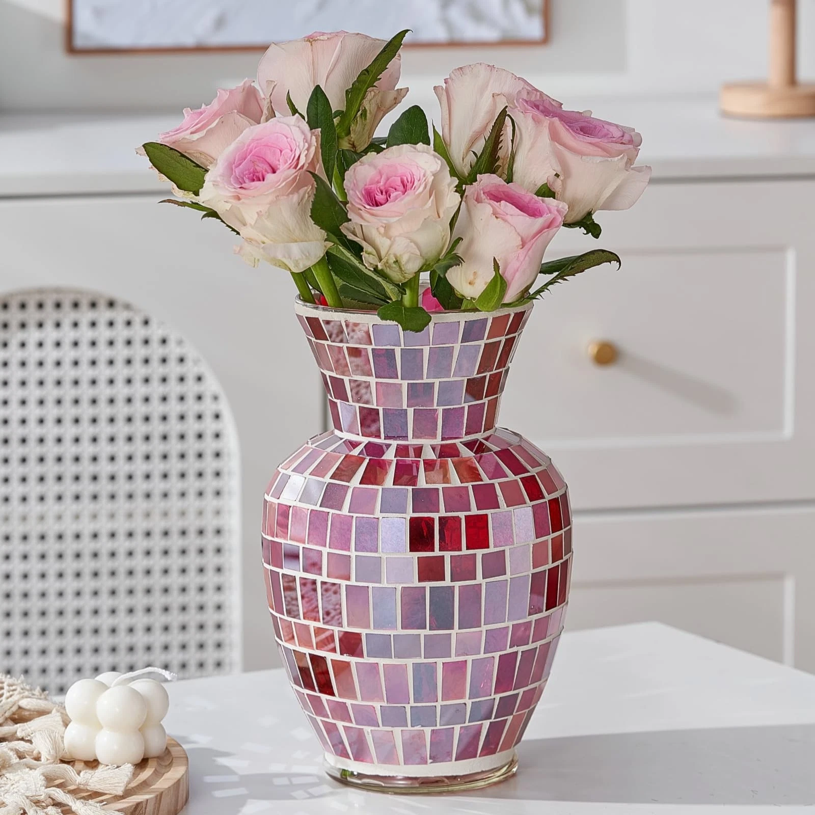 Pink Mosaic Glass Flower Vase, 8.7 Inch Handmade Home Decorative Vase for Liv...