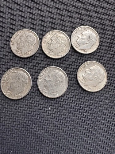 Lot of 6 90% Silver Roosevelt Dimes Circulated Uncertified 10C