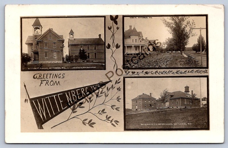 K64/ Wittenberg Wisconsin RPPC Postcard c1910 Pennant 3View Indian School 17