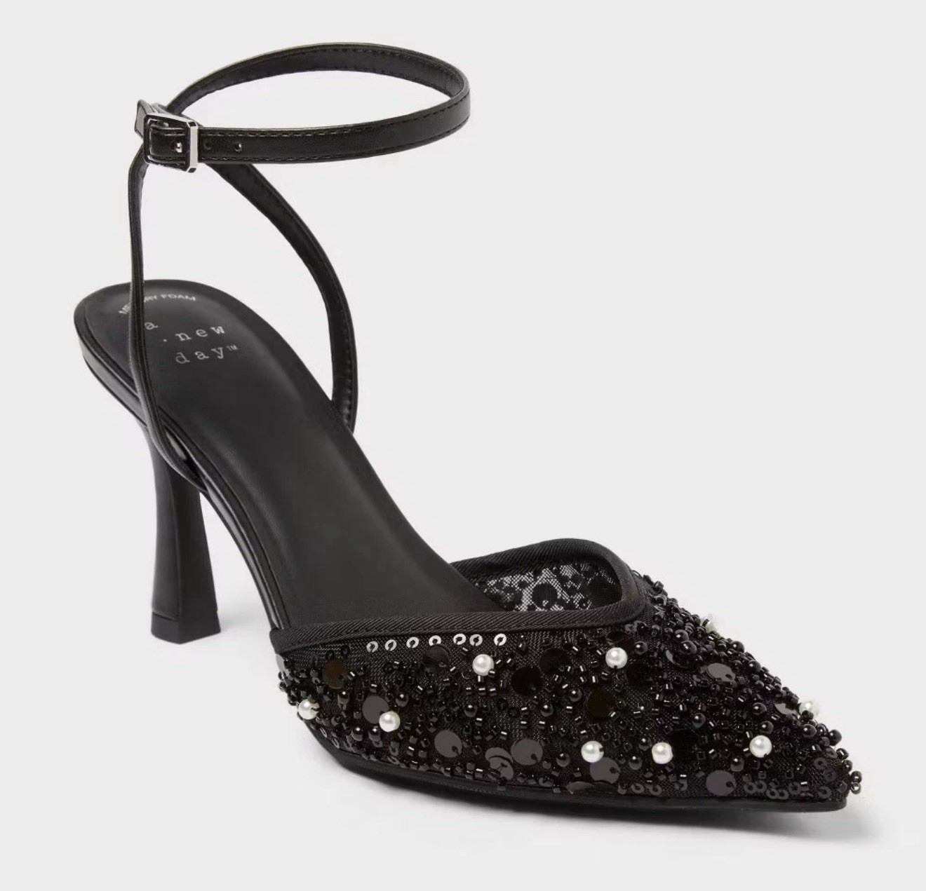 A New Day Women's Black Beaded Ankle Strap Pointed Toe Heels Buckle US 10
