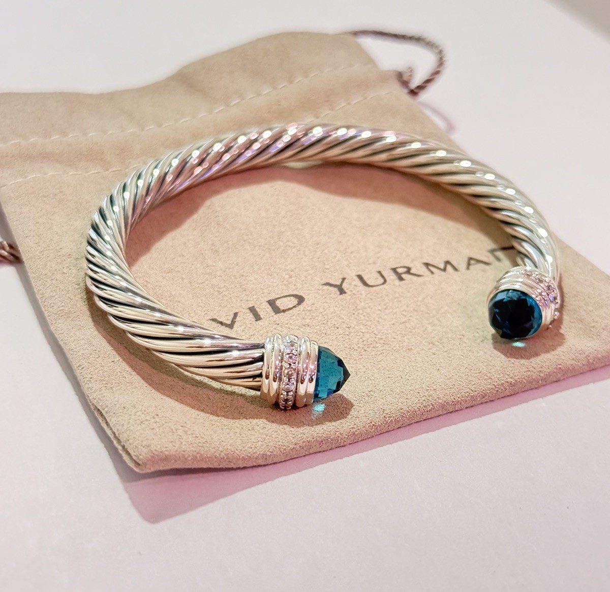 David Yurman 7mm Cable Classics Cuff Bracelet 925 Silver Hampton Blue & Diamonds