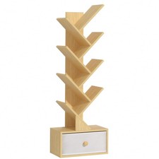 SHEEPAM 8 Tier Tree Bookshelf with Drawer, Free Standing Wood 8 Tier, Natural