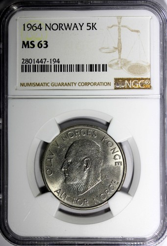 Norway Olav V Copper-Nickel 1964 5 Kroner NGC MS63 29,5 mm KM# 412 (194) - Picture 2 of 4