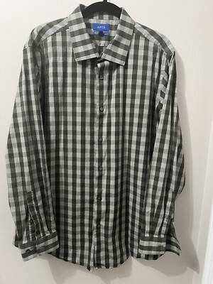 Apt 9 Premier Flex Men's Shirt Slim Fit Button Up Green Checkered Sz 17.5 34/35