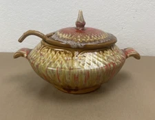 Mid-Century California USA Covered Serving Bowl w Ladle, Multicolor Drip Glaze