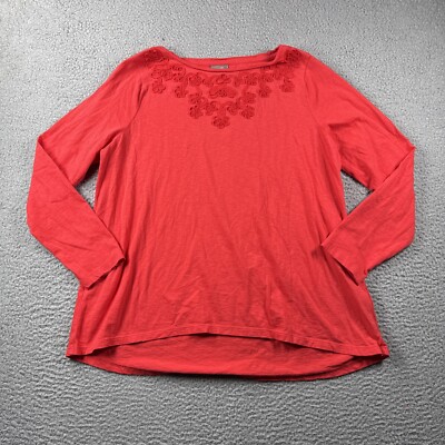 J Jill Top Womens M Pullover Long Sleeve Orange Floral Detail Lightweight Casual