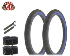 2 ALTA Bicycle TIRES 20" x1.95 BLACK/BLUE BMX Tread TIRES W/ TUBES & Tire Levers