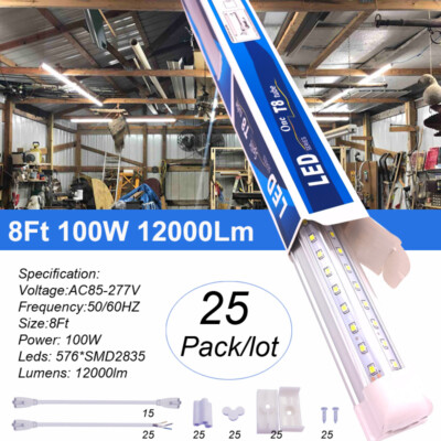 25 Pack Linkable T8 8 Ft Led Shop Light Fixture 144W 100W 72W 6500K Garage Light