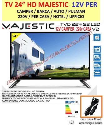 MAJESTIC TV 24" HD-DVB-T2/C/S2 LED TV 12V 220V CASA CAMPER AUTO USB/CI-SLOT-VGA HDMI