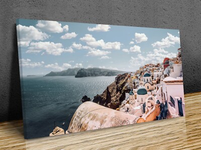 Santorini Magische Aussicht Panorama aufgeräumtes Leinwandbild fertig zum Aufhängen