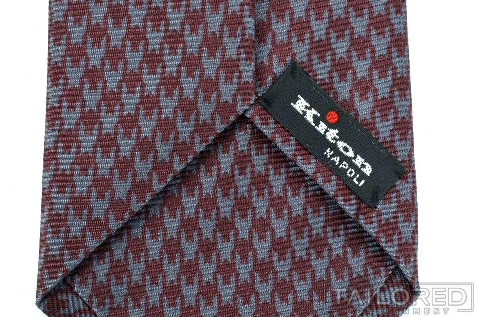 Corbata de lujo KITON gris burgudía pata de gallo 100 % seda 7 pliegues para hombre - 3,25" Foto 4 de 4