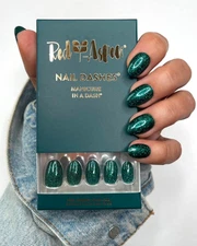 Red Aspen Press On Nails- Teal Me About It, Toni-Green-Glitter-Almond-Short