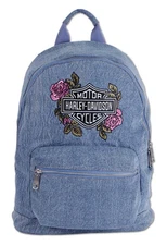 Harley-Davidson Women's Embroidered Bar & Shield Rose Denim Backpack, Wash Blue