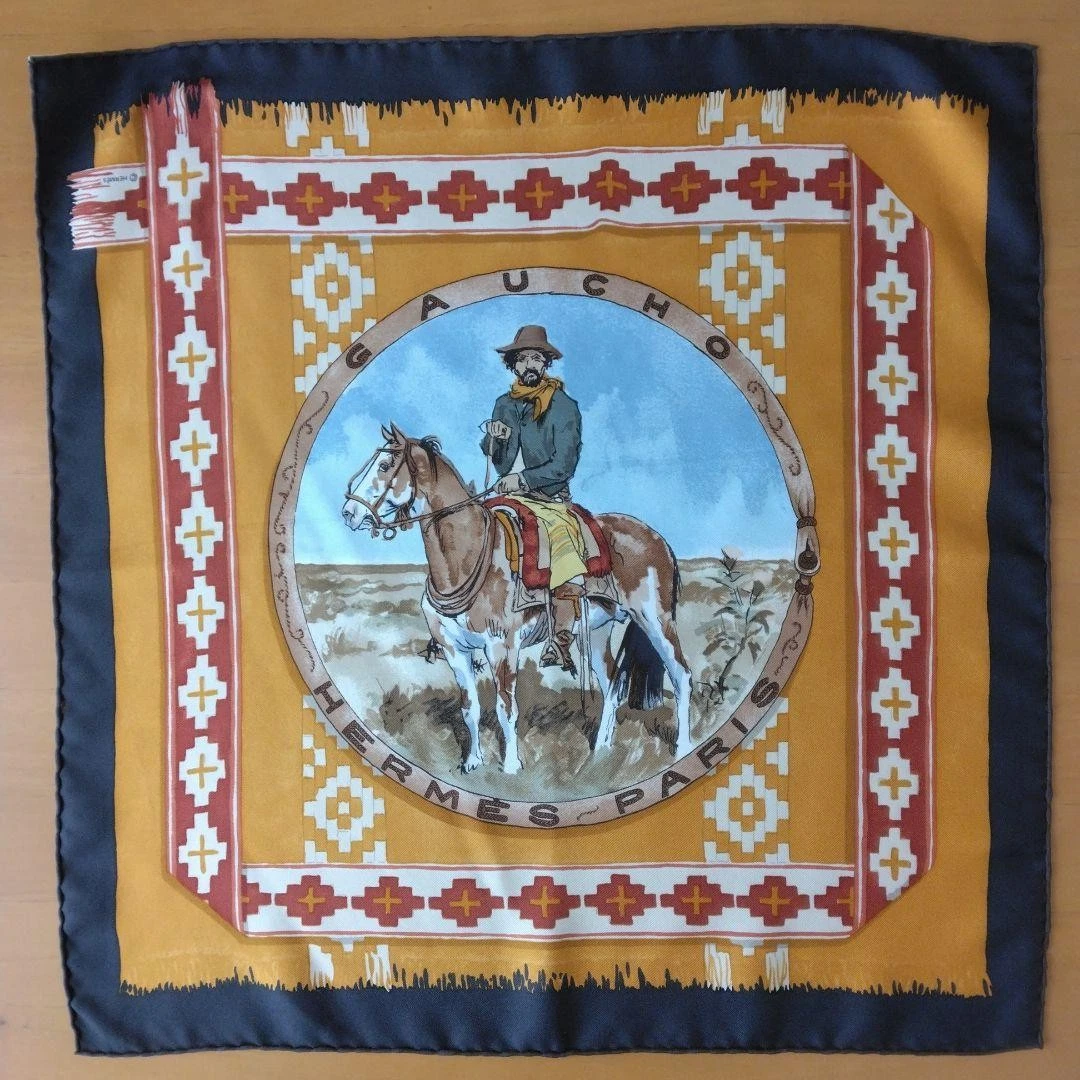 Hermes — *【Rare Item】HERMES GAUCHO 100% Silk Scarf Yellow & Brown Approx. 42cm Made in FR