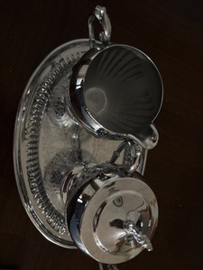 Vintage Silver plated  Creamer/Sugar Bowl w/Etched Tray