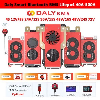 Daly Smart Bluetooth BMS 4S-24S 12V-72V 40A-500A Lifepo4 Battery w/Balance LOT