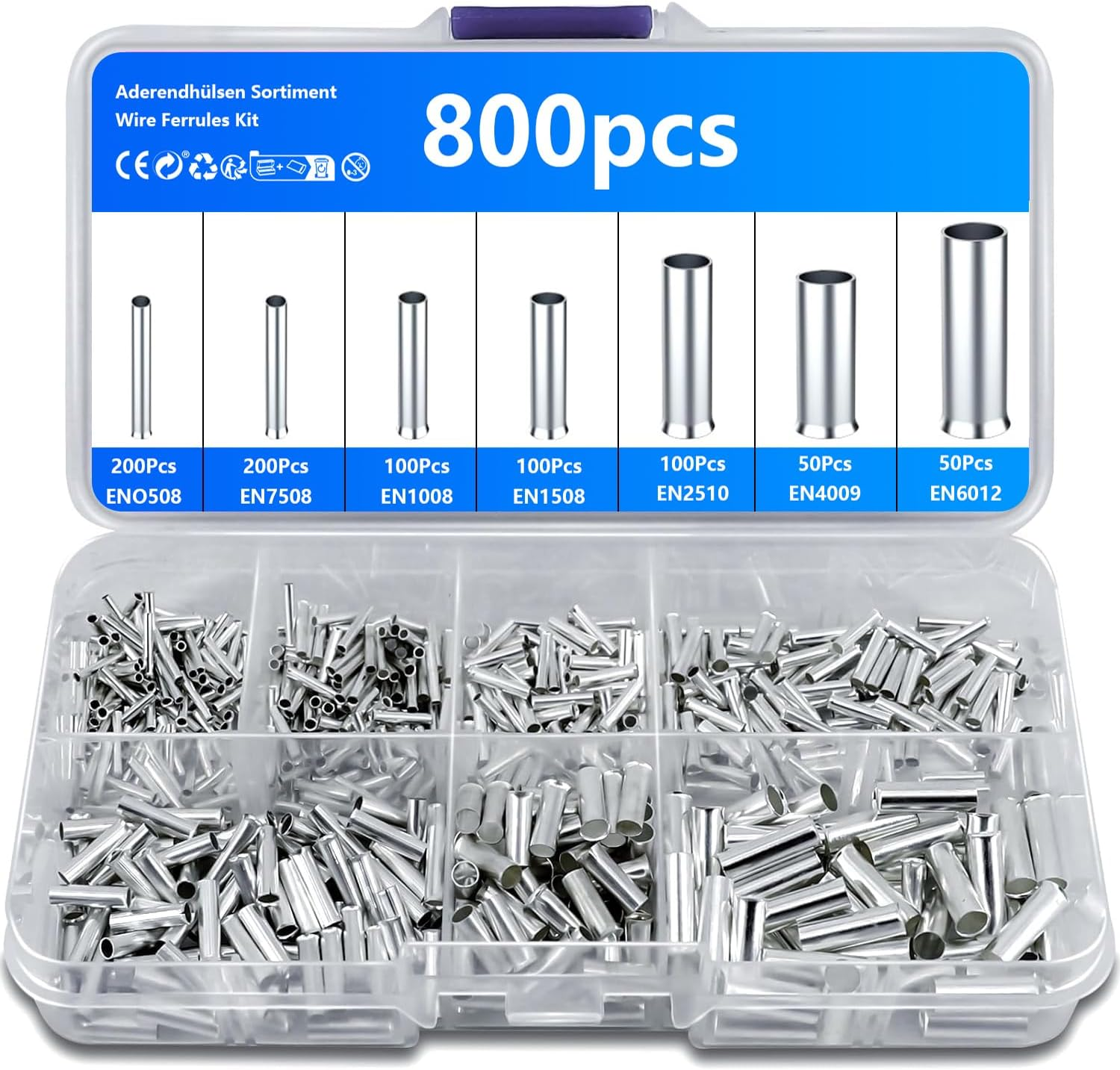 800 Pcs Wire Ferrules Kit, Non-Insulated Bootlace Ferrules, 10-22 AWG Uninsulate